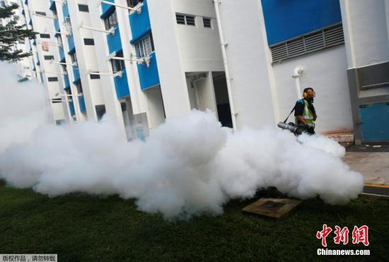 當地時間8月31日，新加坡衛生防疫人員在公共住宅區下水道噴灑驅蟲藥。