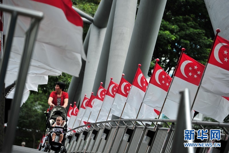 7月15日,在新加坡,行人經過插滿新加坡國旗的加冷河人行天橋.